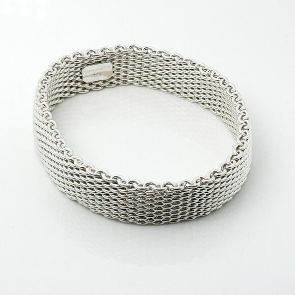 7.5" Medium Tiffany & Co Silver Somerset Mesh Weave Flexible Bangle Bracelet - Picture 3 of 6